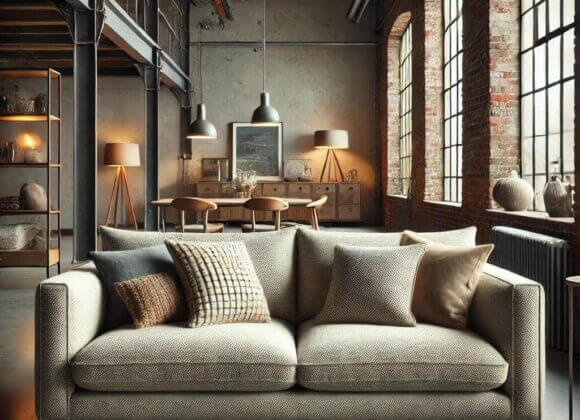 Furniture care: how to keep your furniture looking good for a long time A_comfortable_fabric_sofa_in_an_industrial_chic_li