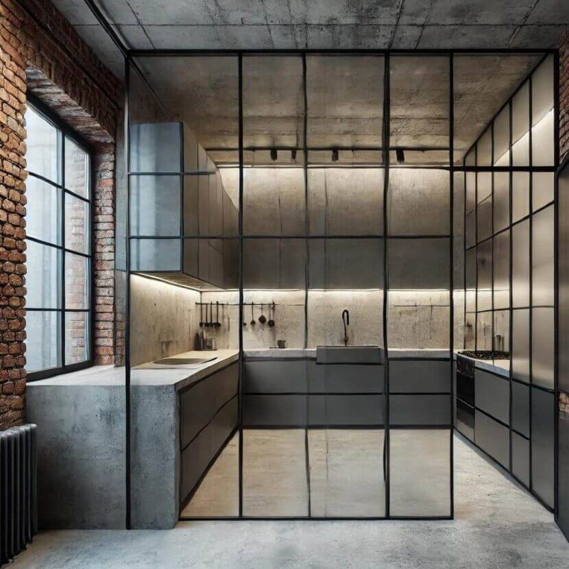 Open kitchen or separate room?
The advantages and disadvantages An_industrial-style_kitchen_with_minimal_glass_ele