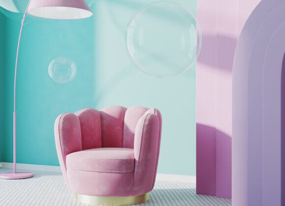 Dopamine Decor: Wohnen, das glücklicher macht Pink armchair in room with blue wall and pink arch, soap bubbles, 3d render