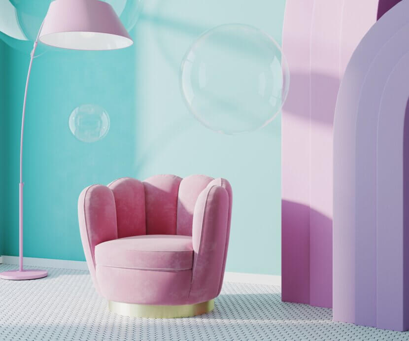Fauteuil rose dans une pièce avec mur bleu et arche rose, bulles de savon, rendu en 3d
