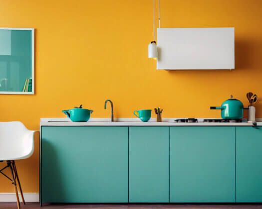 Intérieur résidentiel d'une cuisine moderne. Intérieur moderne et lumineux d'une cuisine avec des meubles blancs et une table à manger. Intérieur d'une cuisine moderne et confortable