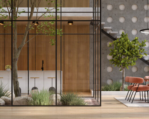 Modern-style conceptual 3D illustration of an interior room