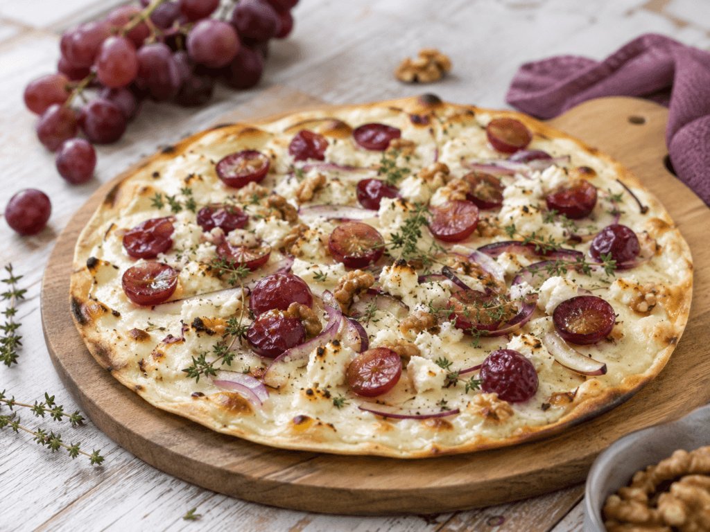 Grape Recipes to Try at Home: Flammkuchen with Grapes, Goat Cheese, and Thyme
